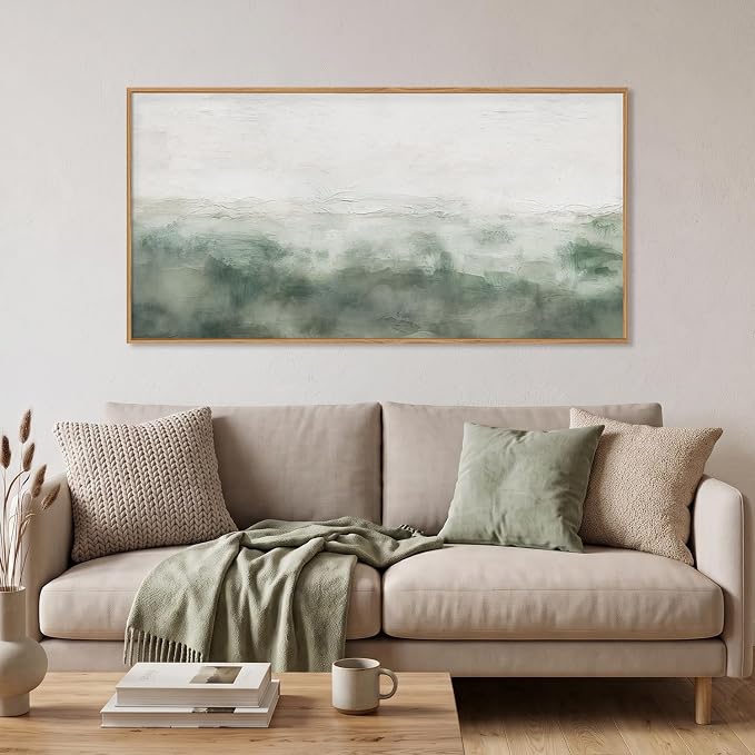 Large Abstract Grey Green Framed Canvas Wall Art,Watercolor Neutral White Wall Decor,Modern Pastel Wall Painting,Illustrations Artwork for Living Room,Bedroom,Dining Room,Office- 20"x40"x1