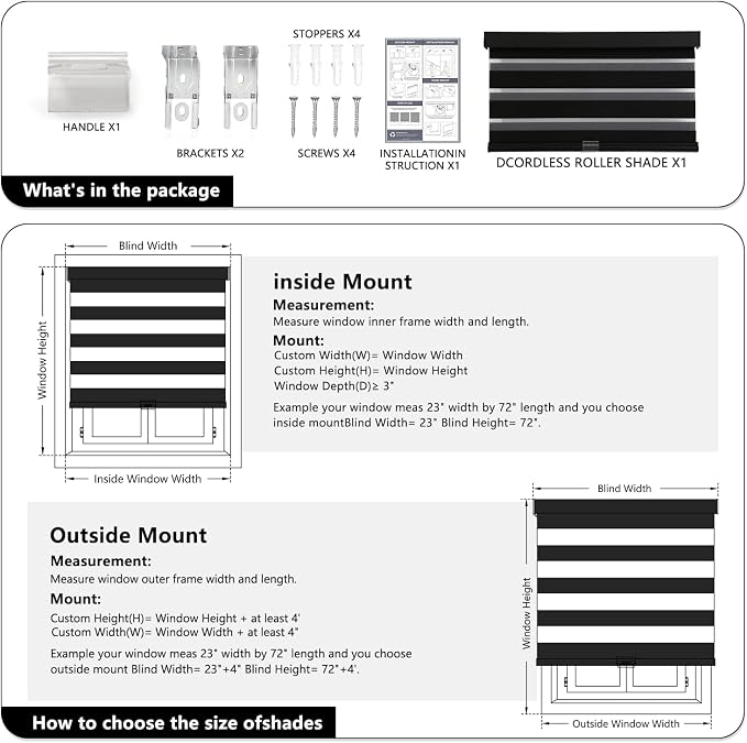 AOSKY Cordless Zebra Blinds for Windows Pull Down Roller Window Shades Dual Layer Light Filtering Privacy for Day and Night, Free-Stop Door Shades for Home Easy to Install (46.5" W X 84" H，Black)