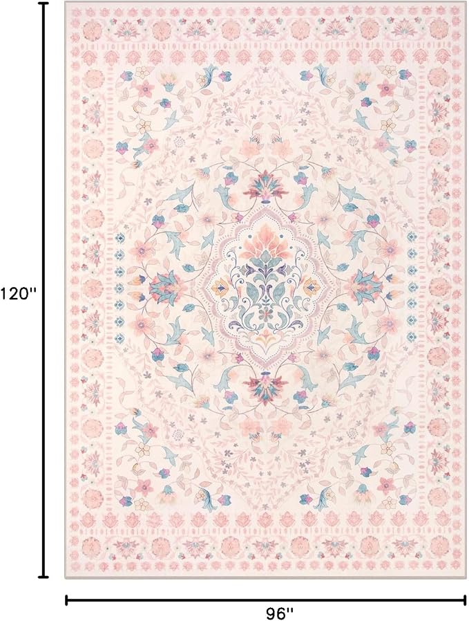 Wonnitar Boho Floral 8x10 Pink Area Rug, Washable Kids Rugs for Bedroom, Large Ultra-Thin Soft Non Slip Carpet for Nursery Living Room Playroom Classroom, Pastel Pink