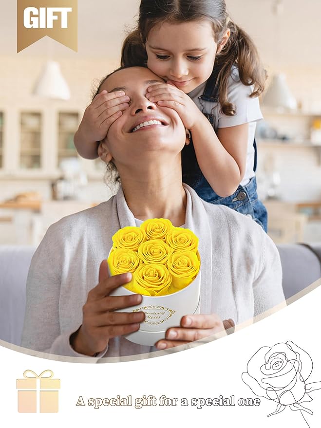 Beaulasting Long Lasting Preserved Roses in a Box Last a Year Forever Flowers for Her Mom Wife Anniversary Birthday (Round White Box, Yellow)
