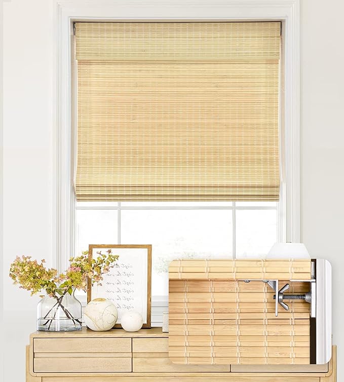 LazBlinds No Tools No Drill Cordless Bamboo Roman Shades, Privacy Window Treatment, Roll Up Bamboo Blinds for Windows 27.5'' W x 64'' H, Natural