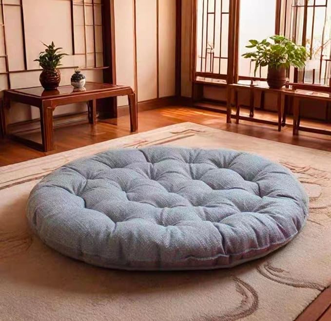 Large Linen Floor Cushions,Round Futon Pillows Japanese Style Tufted Floor Pillows Meditation Cushions for Seating On Pad for Yoga Sofa Balcony(Size:30x30inch,Color:Light Gray)