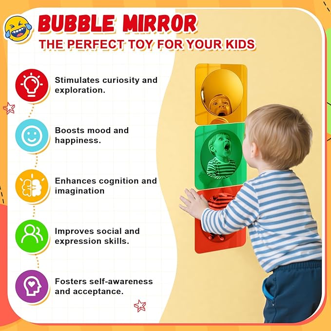 Geiserailie 3 Pcs Sensory Wall Mirror Acrylic Bubble Mirror Toys for Calming Corner Items - Sensory Room Have Visual, Tactile Stimulation (6 x 6 Inch,Red,Yellow,Green)