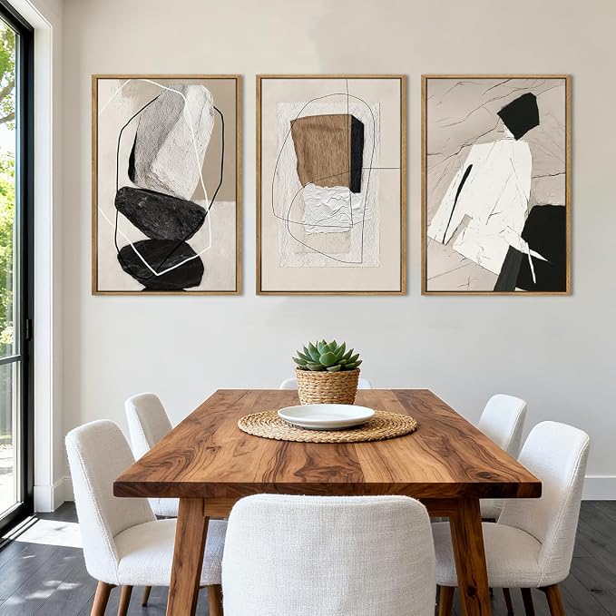 ANHUIB Large Abstract Wall Art Canvas,Black Beige Artwork,Neutral Modern Framed Wall Art, Minimalist Geometric Painting,24x36 Inches Set of 3 for Living Room Bedroom
