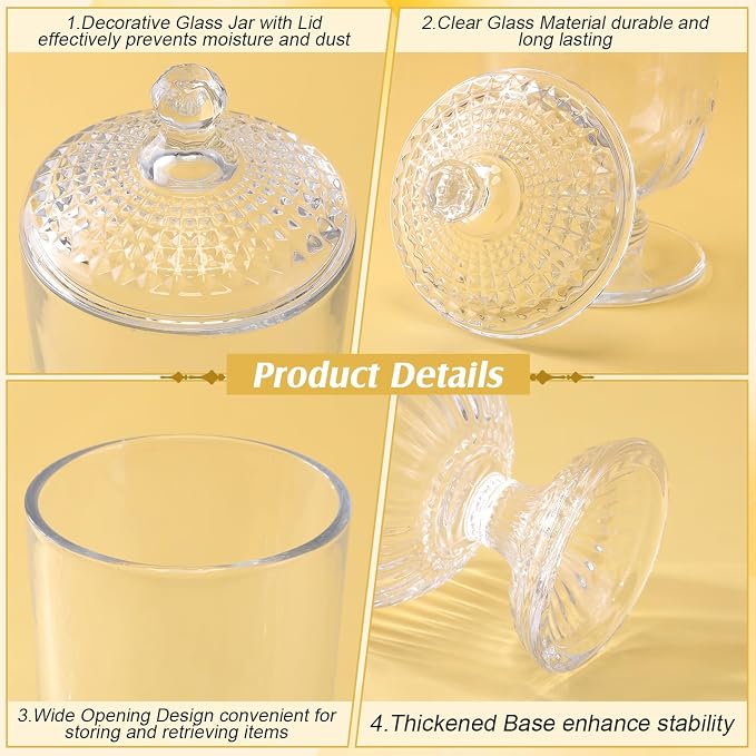 3 Pcs Glass Apothecary Jar with Lid Decorative Crystal Candy Jar for Candy Buffet Bathroom Storage Canisters Wedding Decor Glass Organization Canisters for Home 26/21.3/4.7 oz