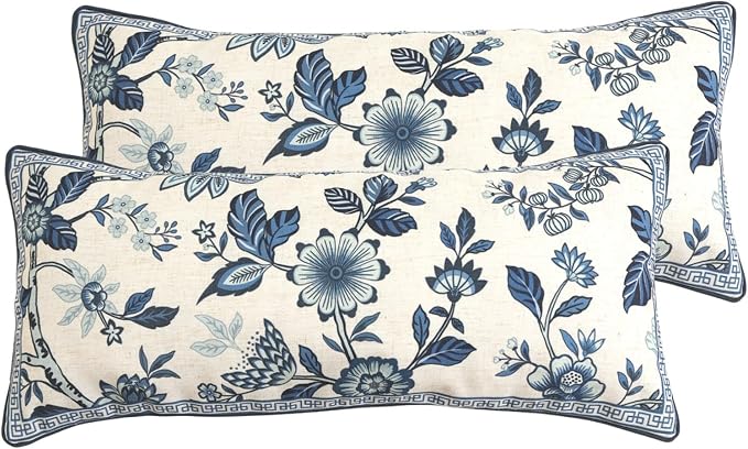 bilin gaier Designer Linen Throw Pillow Covers,28"x12" Set of 2-Suqing A | Vintage Elegant Rectangular Pillow Cover,Concealed Zipper,Blue Floral Pattern,Sofas,Bedroom,Living Room,Lounge Chairs