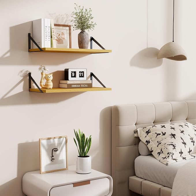 Acovy Deep Floating Shelves,24" Wx10 D Floating Shelf for Wall Set of 2,Hanging Storage Shelf with Metal Brackets,Wide Display Wall Shelves for Living Room,Bedroom,Bathroom,Kitchen,Oak