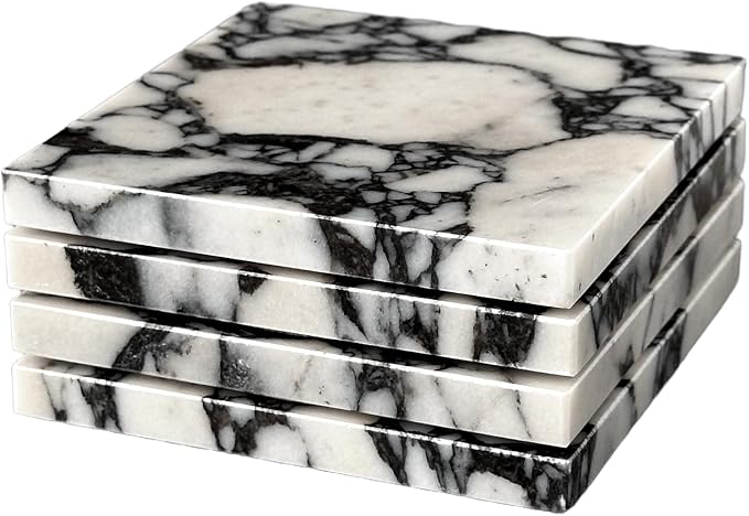 4" Square Calacatta Viola Marble Coasters Set of 4 for Coffee Table | Real Natural Stone Coasters, Non Slip Cork Backing, Modern Living Room and Office Desk Decor, Housewarming Gift