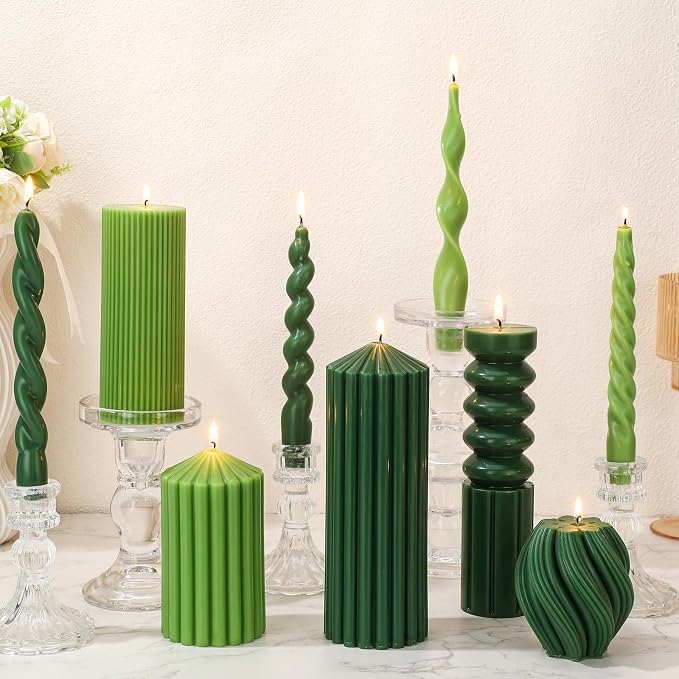 Nuanchu 9 Pcs Modern Decorative Candles Set 5 Pillar Aesthetic Ribbed Candles 4 Spiral Taper Twisted Candlesticks Scented Smokeless Soy Wax for Wedding Holiday Dinner Home Decorations(Green)