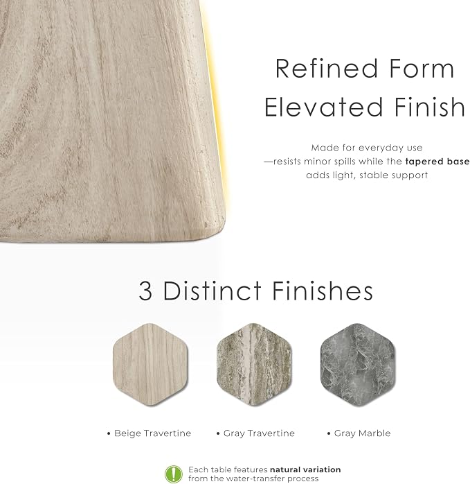 24/7 Shop at Home Ranera Modern 18-inch Natural Stone Side Table with Angular Pedestal Base, Marble Nightstand, Geometric Patio End Table, for Living Room, Covered Outdoor Spaces, Beige Travertine