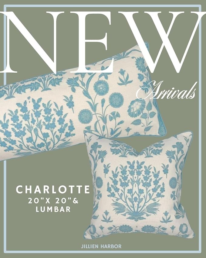 Jillien Harbor “The Charlotte” Bright Sky Blue Floral Block Print Pillow Cover – Off-White Decorative Throw Pillow Cover – Grandmillennial Home Decor, 20" x 20"