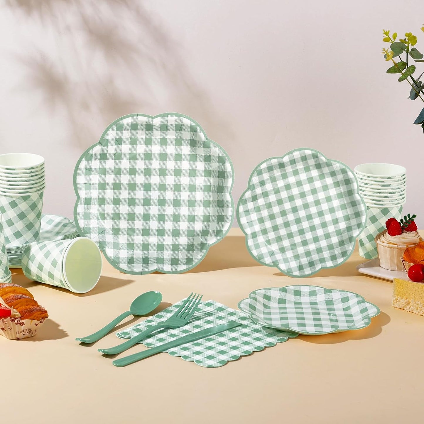 350 Pcs Sage Green Gingham Paper Plates and Napkins Party Supplies - Sage Green and White Checkered Plates Scalloped Plaid Plate for Birthday Dinner Picnic BBQ Party Decorations, Serve 50 Guests