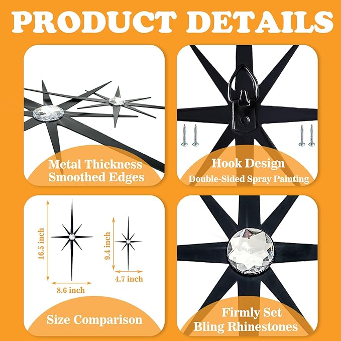 4 Pack Metal Star Wall Art 8 Pointed Starburst Wall Decor Set with 2 Large & 2 Small Pieces Mid Century Celestial Metal Wall Sculpture for Bedroom Living Room Office Gallery Wall