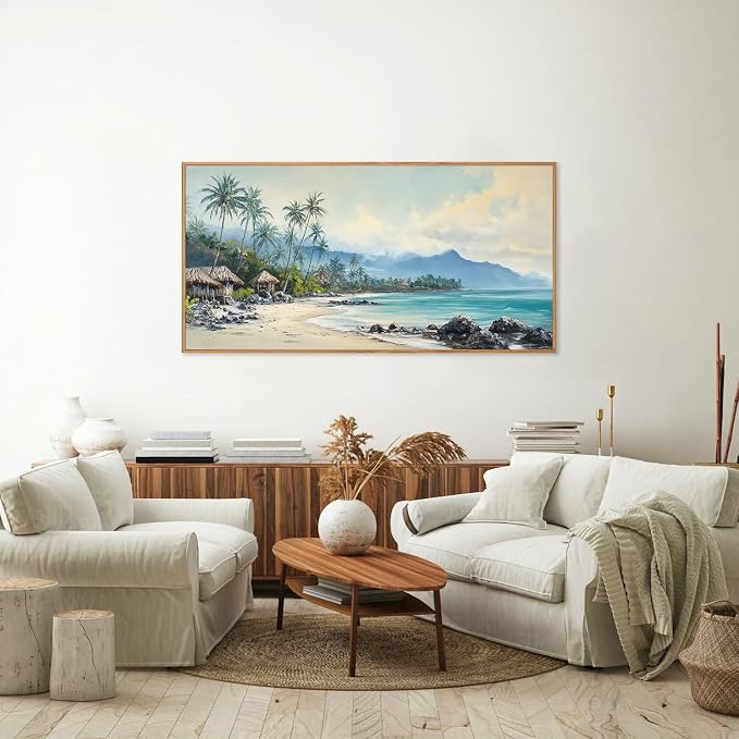 Rantodecor Tropical Coastal Framed Canvas Wall Art, Beach Landscape Posters Wall Decor, Island Palm Trees Beach House Art Paintings, Seascape Mountains Artwork for Bedroom Living Room Office 40"x20"