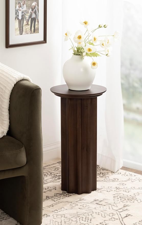 Kate and Laurel Gierson Modern Wooden Round Side Table; 12 x 12 x 22; Dark Brown; Transitional Scalloped Wood End Table for Use as Bedroom Nightstand or Living Room Accent Table