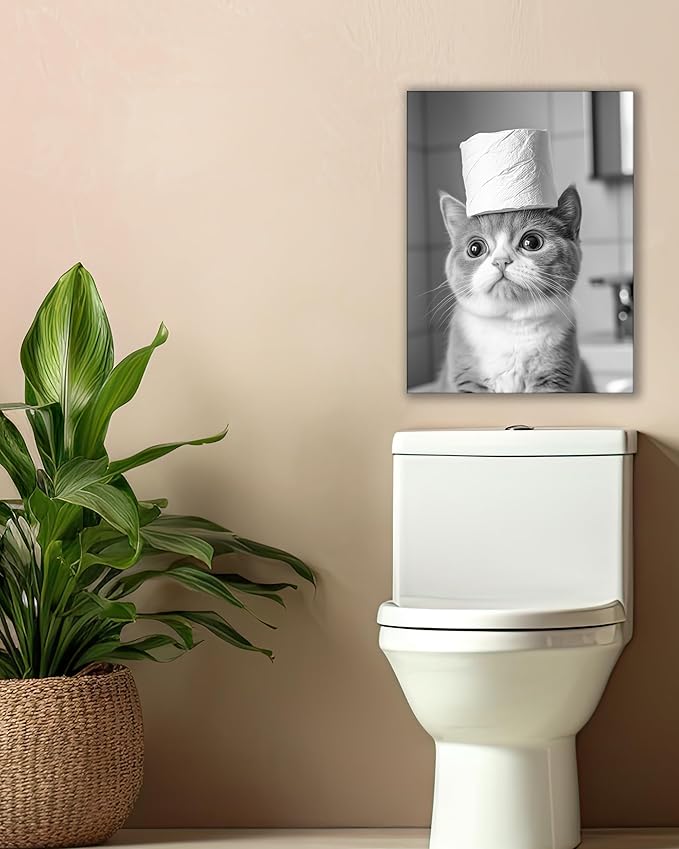 UPWOIGH Funny Black and White Cat Bathroom Wall Art, Cat with Toilet Paper Roll Decor, Cute Pet Humor Poster, Wood Framed Canvas 12x16 Inch