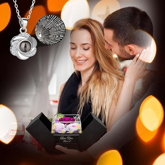ENERLEAF 3 Preserved Purple Rose-Eternal Flowers Rose Gifts for Mom Grandma Wife Girlfriend on Mothers Day Birthday Valentines Christmas Anniversary Romantic Gifts for Her with I Love You Necklace