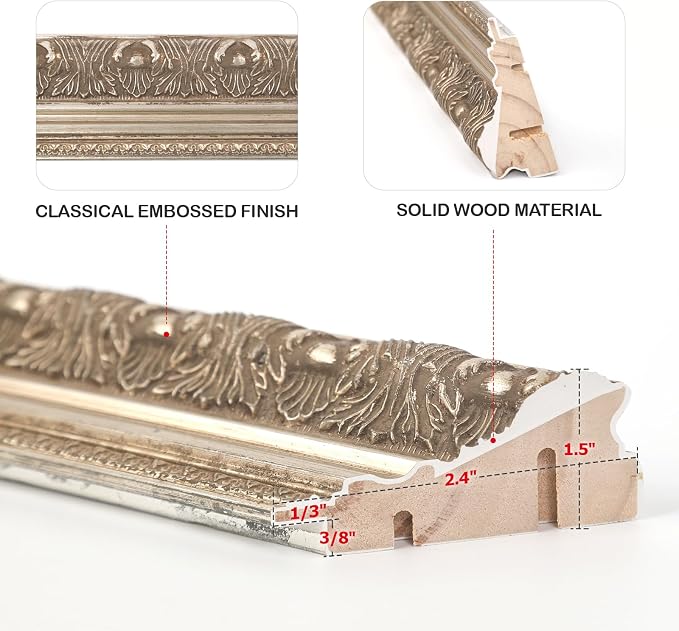 French Country Ornate Frame for 20x24 Oil Paintings Art Prints, 2.4” Wide Antique Silver Elizabeth Wood Canvas Frame for Still Life Flower (No Glass Cover&Backboard)