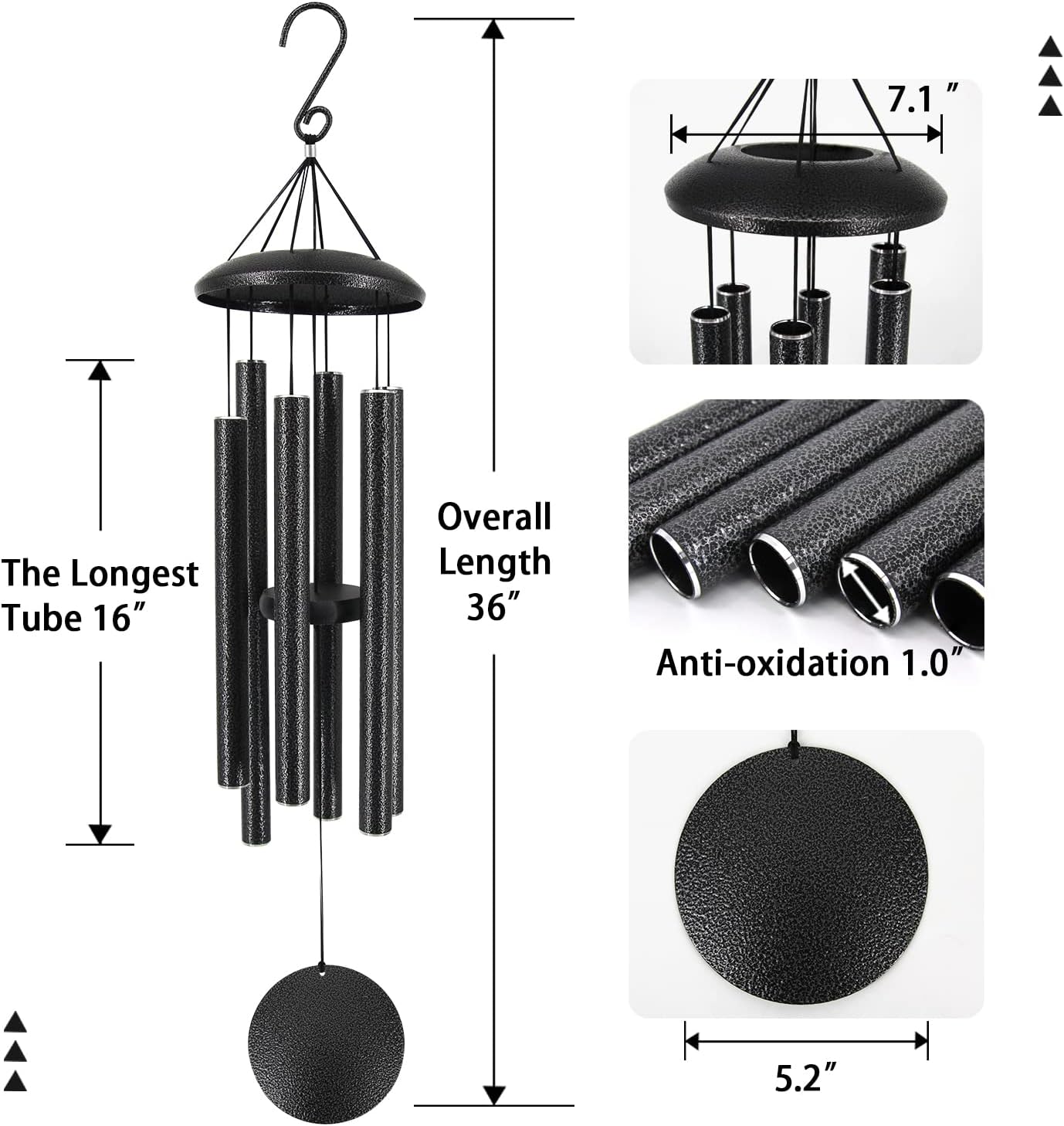 Sympathy Memorial Wind Chimes, 36' with 6 Metal Tubes, Outdoor Deep Tone for Garden, Christmas Hanging Decor - Black Grey