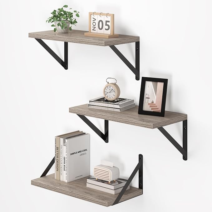 Vivelove Deep Floating Shelves for Wall, 16W x 8D Rustic Grey Wood Wall Shelves Set of 3, Large Floating Shelf for Living Room, Kitchen, Office, Bedroom and Decor Storage, with Metal Bracket - Grey