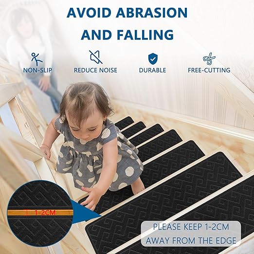 Stair Treads for Wooden Steps Indoor, 15 Pack 8" X 30" Non Slip Carpet Stair Treads with Reusable Adhesive for Kids Elders and Dogs, Surface Polyester TPR Backing Stair Rugs