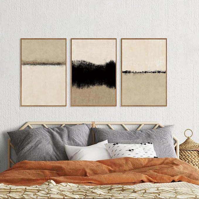 SIKERIC Large Abstract Textured Wall Art Set of 3, Minimalist Beige Framed Canvas Art Painting, Modern Textured Art Print, Neutral Paint Stroke Home Decor for Dining Room,Living Room, Office-16x24