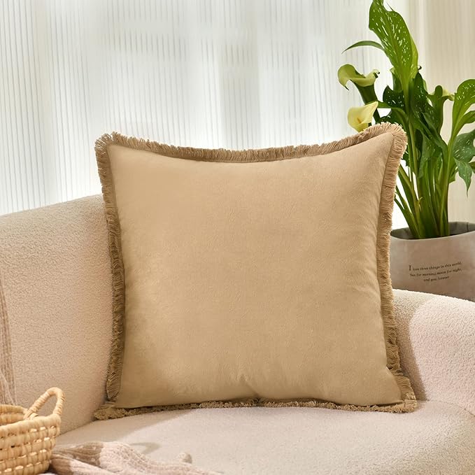 ZWJD Pillow Covers 22x22 Set of 2 Khaki Throw Pillow Covers with Fringe Chic Cotton Decorative Pillows Square Cushion Covers for Sofa Couch Bed Living Room Farmhouse Boho Decor