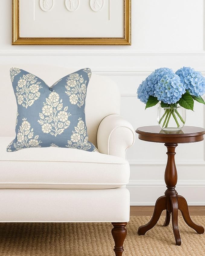Jillien Harbor "The Hazel Bright Blue White Floral Pillow Cover Grandmillennial Home Decor Blockprint Pillow Cover 20" x 20"