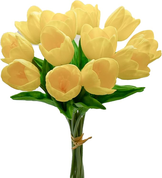 Mandy's Yellow Partially Open Artificial Tulips Flowers Centerpiece, 13.5" Lifelike PU Fake Floral Stems 12pcs for Kitchen Island & Dining Table, Spring Decor for Easter