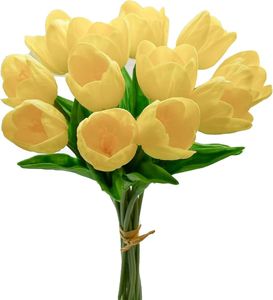 Mandy's Yellow Partially Open Artificial Tulips Flowers Centerpiece, 13.5" Lifelike PU Fake Floral Stems 12pcs for Kitchen Island & Dining Table, Spring Decor for Easter