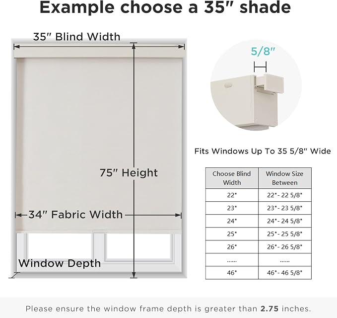 Joydeco No Drill Blackout Shades, Free-Stop Cordless Roller Shades, UV Protection, Thermal Insulated Blinds for Indoor Windows, Easy Install Window Blinds for Home and Office (Beige, 36" W x 75" H)