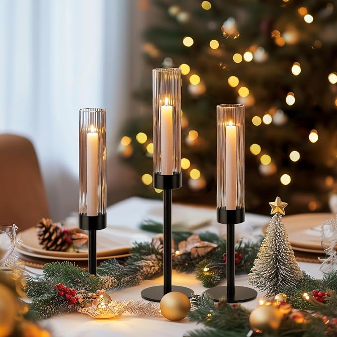 Black Hurricane Candle Holders, Set of 6 Glass Taper Candlestick Holders Metal Candle Stands Bulk with Ribbed Glass Cover for Dining Tables Wedding Candelabra Centerpieces Decor