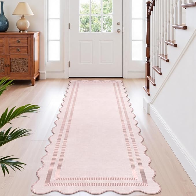 Pink Runner Rug 2.6x8 Kitchen Hallway Scalloped Rugs, Non Skid Stain-Resistant Indoor Washable Rug Soft Entryway Carpet Runner for Bathroom Laundry Room