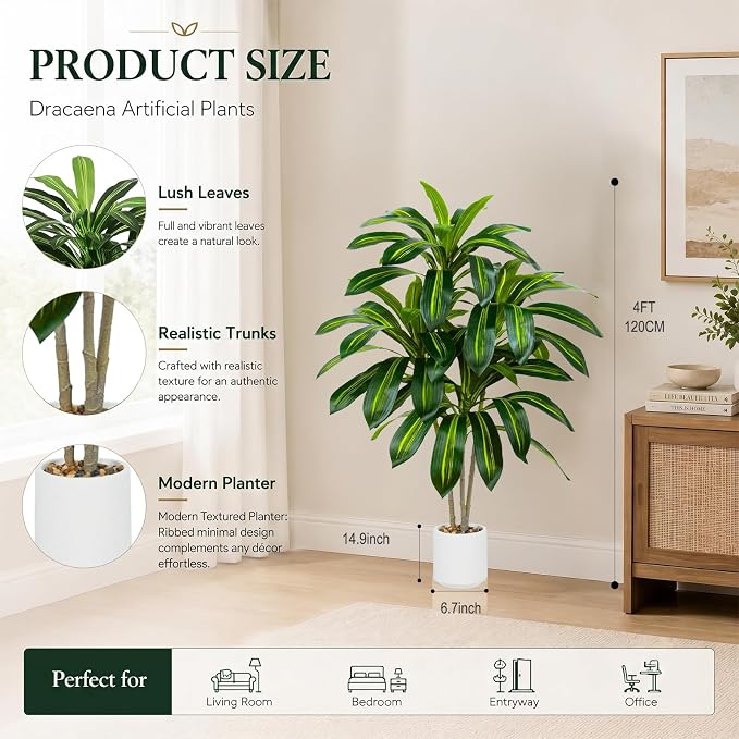 Artificial Dracaena Tree-4FT Fake Plants with White Planter-Artificial Plants Indoor Floor Plant in Pot-Tropical Fake Yucca Potted Tree for Home Office Living Room Decor