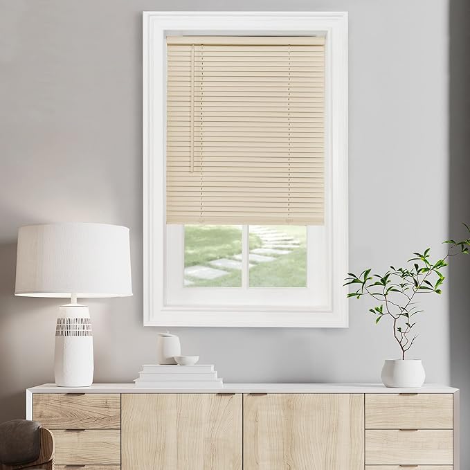 Cordless Light Filtering Mini Blind - 58 Inch Width, 64 Inch Length, 1" Slat Size - Alabaster - Cordless GII Morningstar Horizontal Windows Blinds for Interior by Achim Home Decor