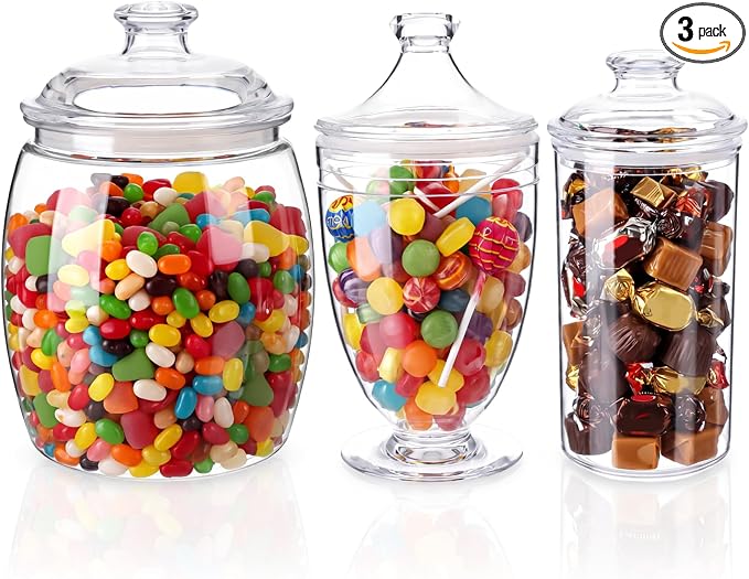 3 Pcs Plastic Apothecary Jar with Lid Decorative Crystal Candy Jar for Candy Buffet Bathroom Storage Canisters Wedding Decor Acrylic Organization Canisters for Home