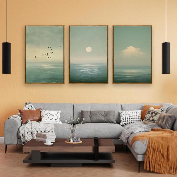 QTUSYUR Japandi Wall Art - Large Farmed Minimalist Sage Green Sunset Art Print - Abstract Calm Seascape Artwork for Bedroom Yoga Room - Scandinavian Zen Peaceful Wall Picture for Home Decor 16”×24”×3