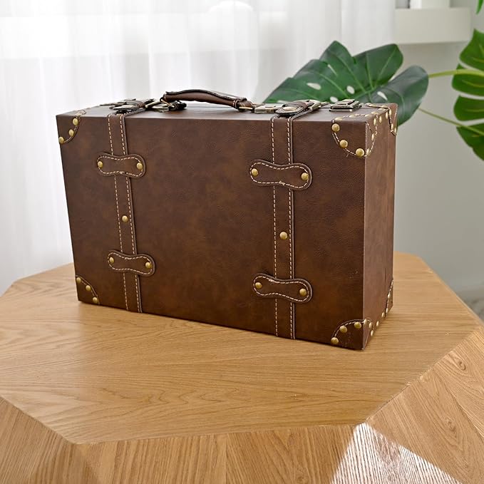 DECOR4SEASON Vintage Leather & Wood Storage Box – Compact Decorative Suitcase Chest with Classic Design, Perfect for Keepsakes, Travel, and Home Organization