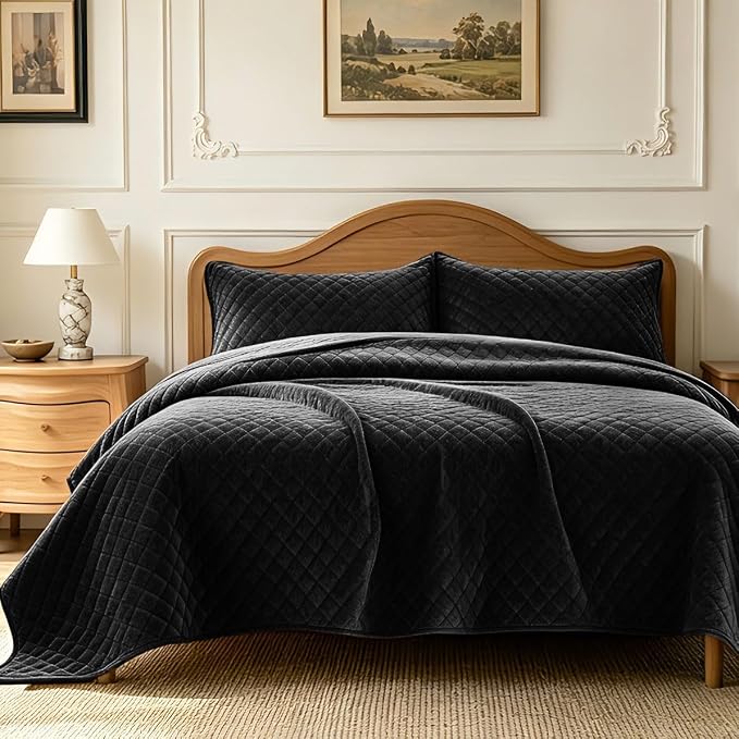 3-Piece Velvet Quilt Set Oversized King Size 120"x120" Bed Blanket Quilted Bedspread Soft Luxury Bedding with 2 Pillow Shams 20''x36'' for All-Season,Black