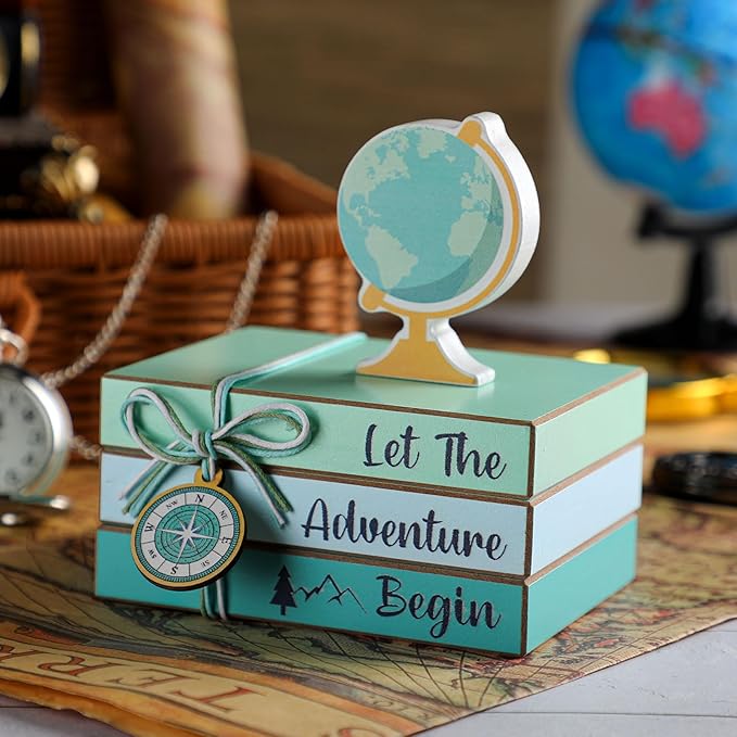 Pinkunn 4 Pieces Travel Themed Wooden Centerpieces Table Toppers Let The Adventure Begin Book Stacks Travel Around The World Bon Voyage for Desk Shelf Home Office Home Living Room