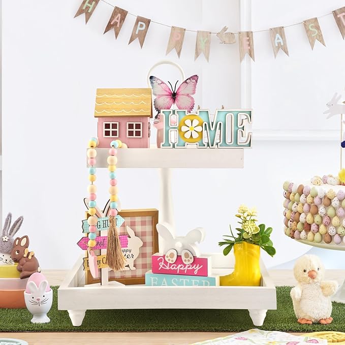 Spring Easter Decorations 8 Pieces Tiered Tray Decor Set, Cute Tabletop Easter Spring Décor for Home Shelf Mantel Office Table Coffee Bar Indoor Holiday Decoration Ornament Tray Objects