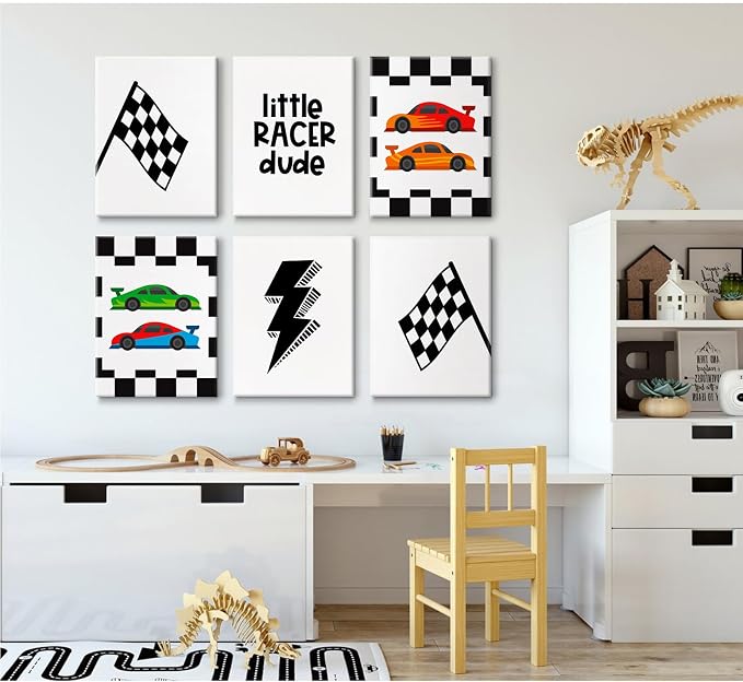 Race Car Wall Art Pictures Boys Room Wall Decor Nursery Toddler Canvas Wall Art Kids Playroom Art Prints Boys Race Car Poster Nursery Artwork Set of 6 for Bedroom 12x16 Inch Framed