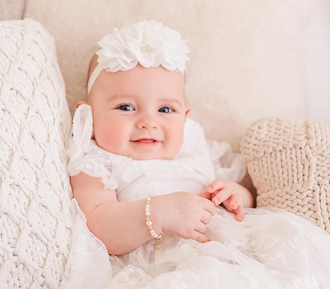 Cherished Moments 14K Gold-Plated Custom Cherished Babe to Bride Cross Bracelet Gift for Infant Baby Baptism or Christening with Cultured Pearls and Engraved Heart