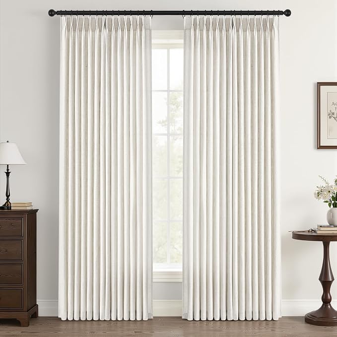 Extra Wide Pinch Pleated Curtains 96 Inches Long for Sliding Glass Door Natural Ivory Thick Linen Textured Light Filtering Semi Sheer Pleat Drapes Hooks Rings for Large Window 1 Panel Cream Ivory