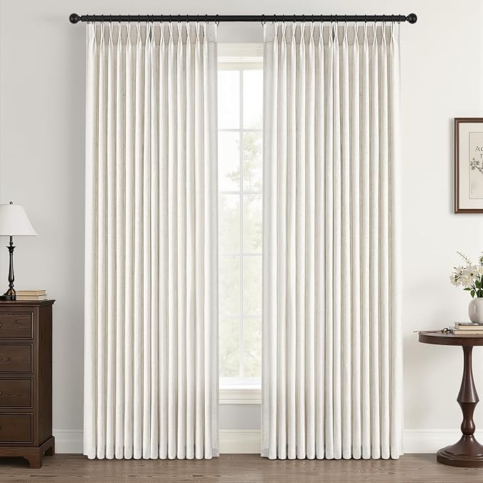 Natural Pinch Pleated Linen Curtains 84 Inch Long 2 Panels for Living Room Bedroom Country Farmhouse Thick Linen Textured Semi Sheer Back Tab Pinch Pleat Hooks Rings Window Curtain Birch Cream 72 Wide