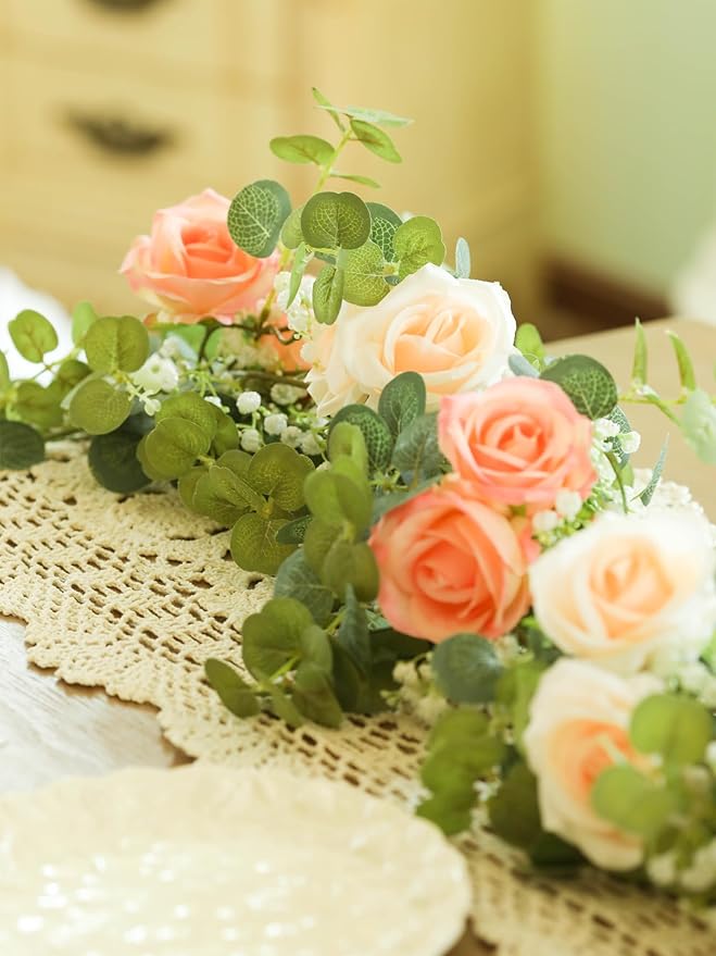 6FT Artificial Eucalyptus Garland with 10 Pink Roses and Baby Breath Flower Greenery Garland for Table Centerpiece Party Wedding Decor Indoor Outdoor Backdrop Wall Decorations