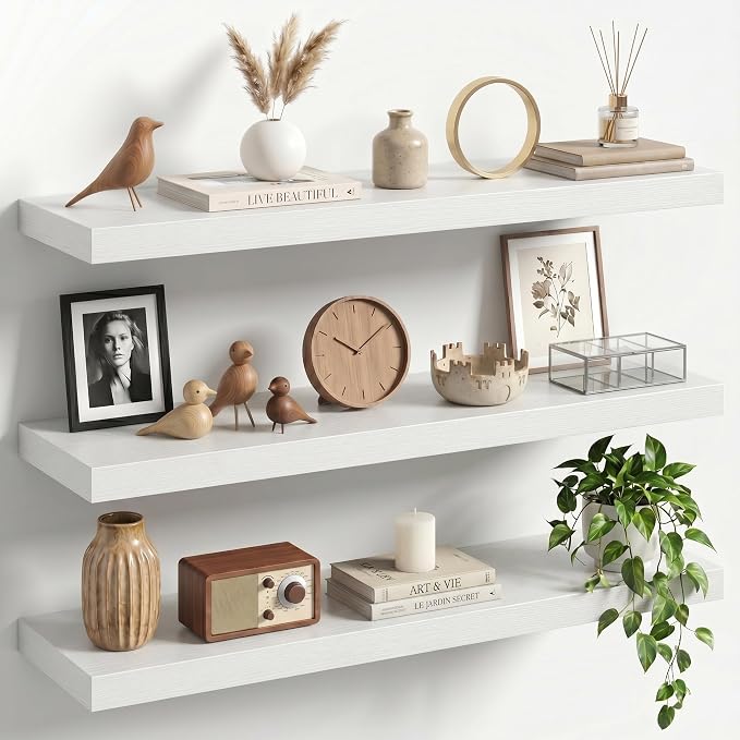 30" Floating Shelves for Wall, Set of 3, 8" Deep, 1.5" Thick, White | Rustic Wood Wall Shelves with Invisible Brackets, Storage and Display for Bathroom, Bedroom, Living Room or Kitchen