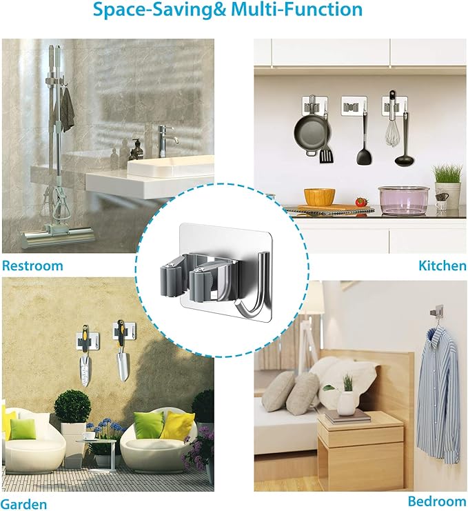 homeasy Mop Broom Holder No Drill, Mop Broom Organizer Wall Mounted Heavy Duty with Hooks Hanger, Self Adhesive Stainless Steel 6Pcs for Bathroom, Kitchen, Office (Silver)