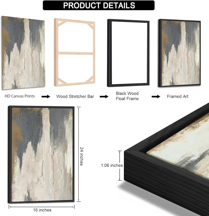 ASDCEUTICALS Large Canvas Wall Art - Gray Brown and Beige Abstract Pictures for Living Room Vintage Wall Decor Retro Artwork Black Float Framed Paintings for Bedroom Dinning Room 16" X 24" X 3 pcs