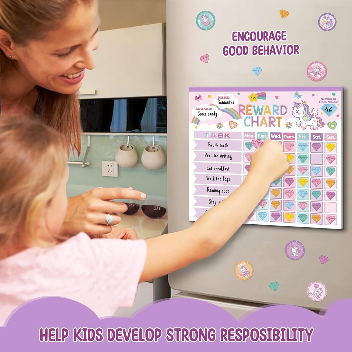 Reward Chart for Kids,Magnetic Behavior Chore Chart for Kids at Home,26 Little Hose Chore Charts,1960 Diamond Stickers,56 Reward Stickers,Incentive Chart to Develop Responsibility and Good Habits,Pink